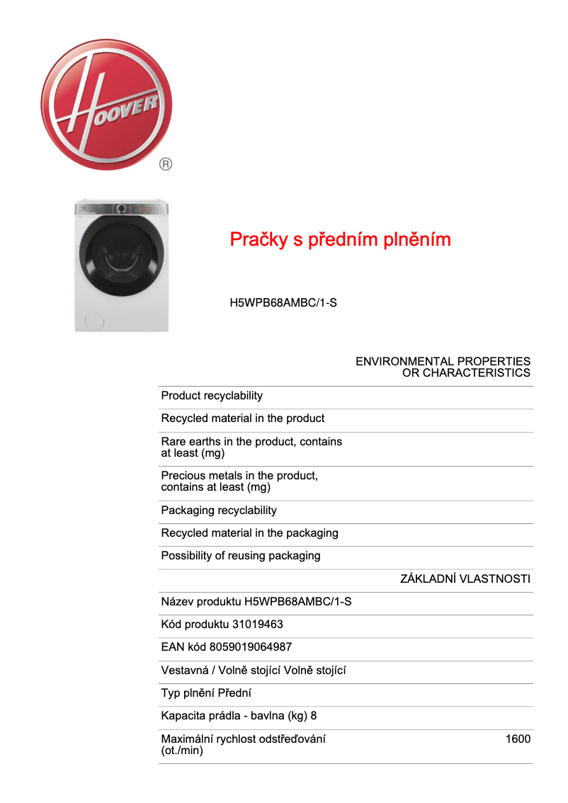 Page n°1 - Fiche technique Hoover H5WPB68AMBC/1-S