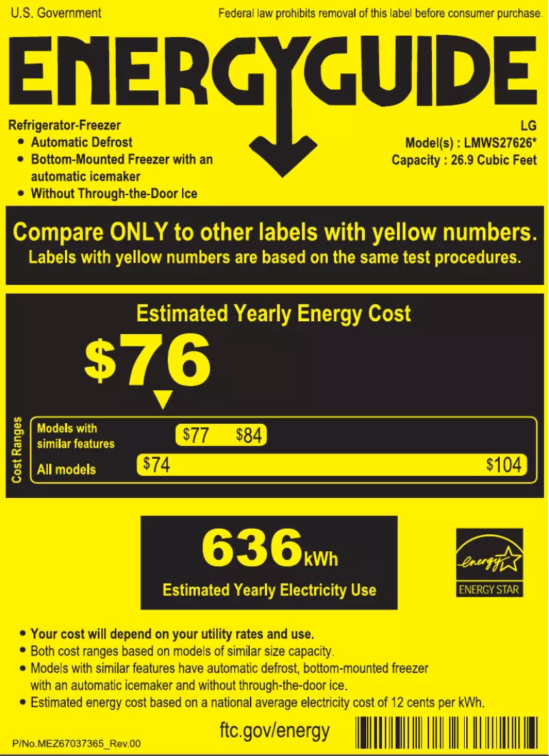Page 1 de la notice Label énergétique LG LMWS27626S