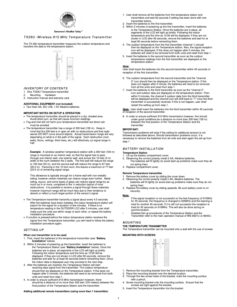 Image de la première page du manuel de l'appareil TX29U-IT
