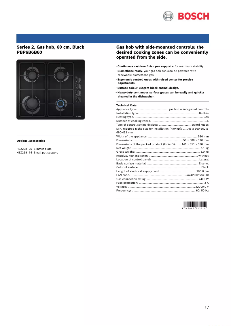 Page 1 de la notice Fiche technique Bosch PBP6B6B60