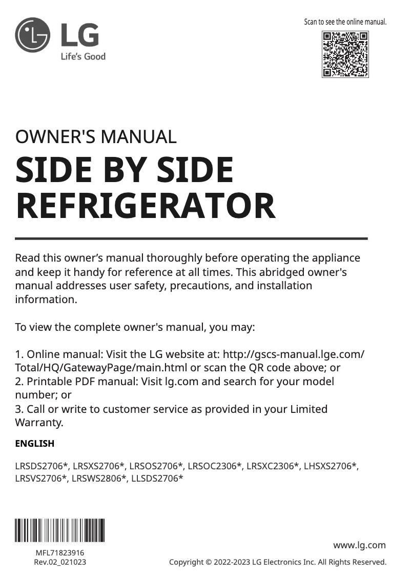 Page 1 de la notice Manuel utilisateur LG LRSXC2306V