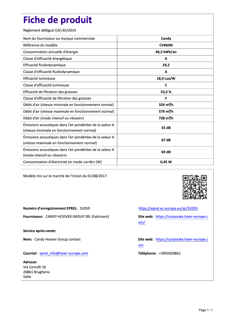 Page 1 de la notice Manuel utilisateur Candy CVR60N