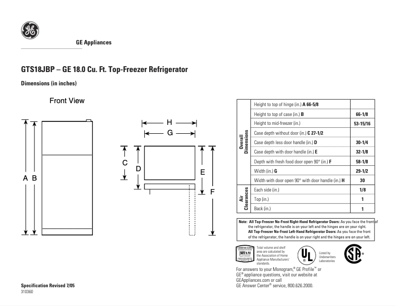 Page 1 de la notice Fiche technique GE GTS18JBPBB