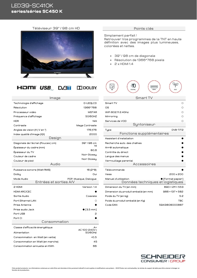 Page 1 de la notice Fiche technique Schneider LED39-SC410K