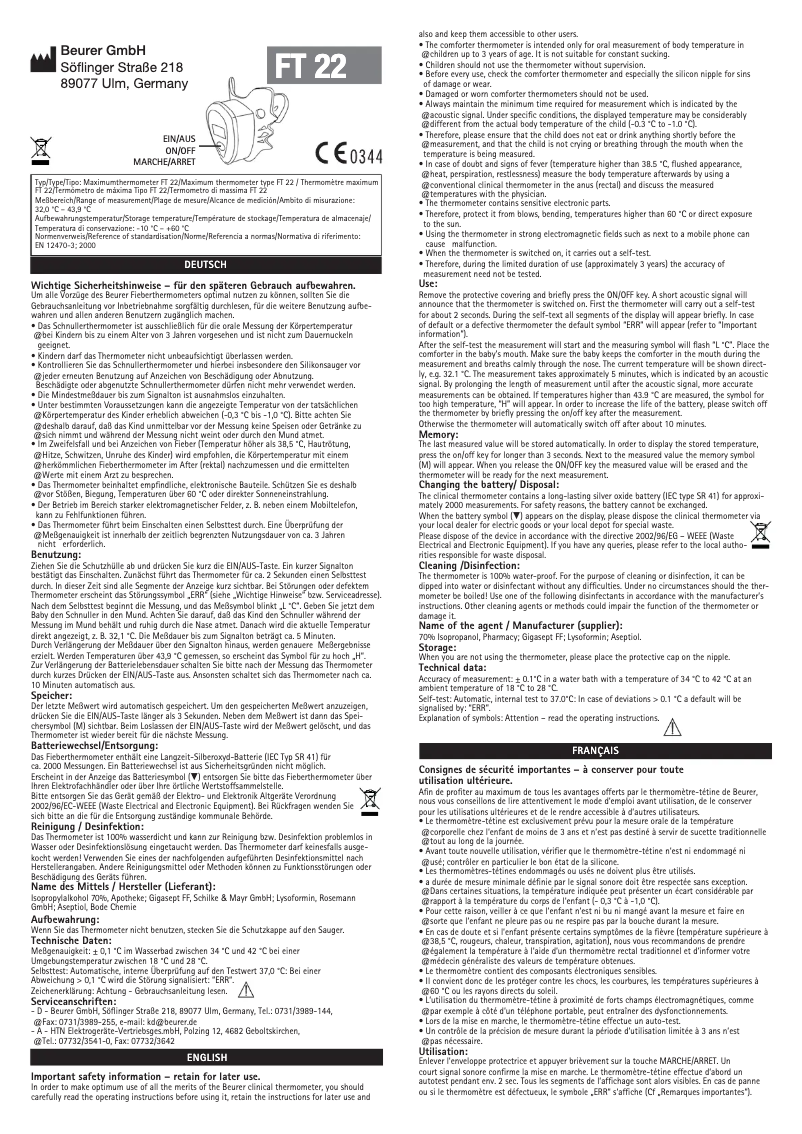 Page 1 de la notice Manuel utilisateur Beurer FT 22