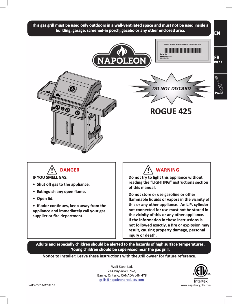 Page 1 de la notice Manuel utilisateur Napoleon Rogue 425 BE SIB