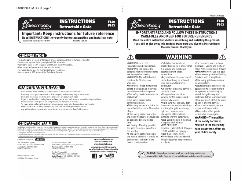 Page 1 de la notice Manuel utilisateur Dreambaby F943