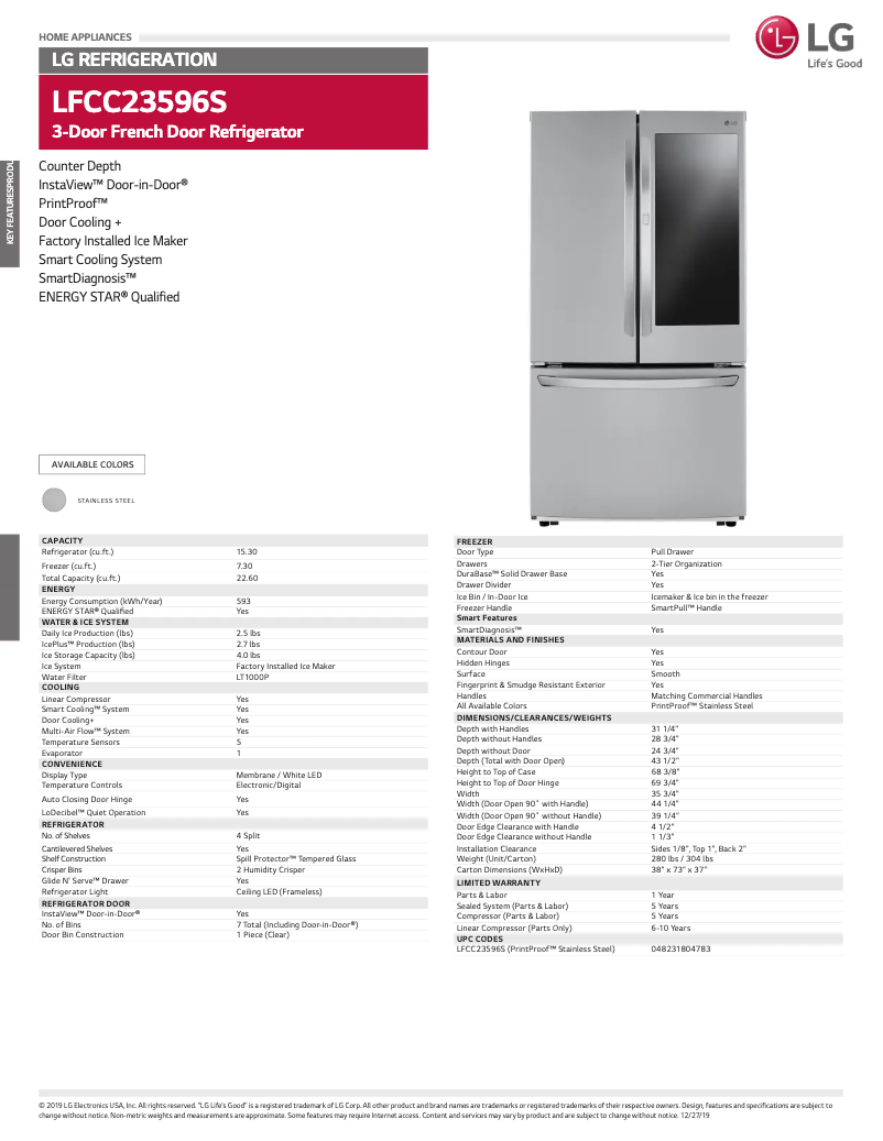 Page 1 de la notice Fiche technique LG LFCC23596S