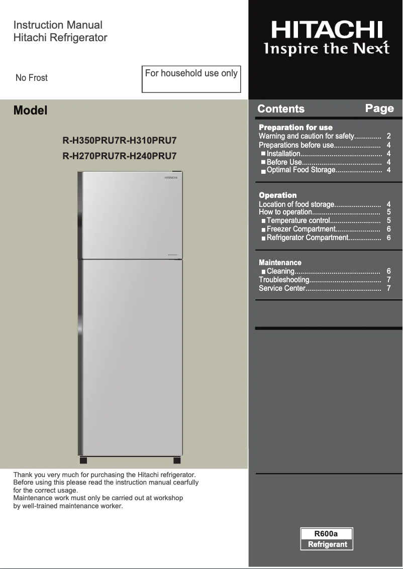 Imagen de la primera página del manual del dispositivo R-H310PRU7