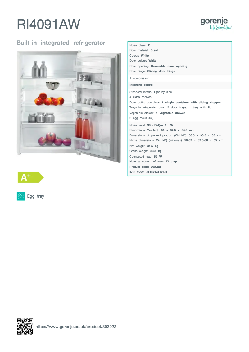 Page 1 de la notice Fiche technique Gorenje RI4091AW