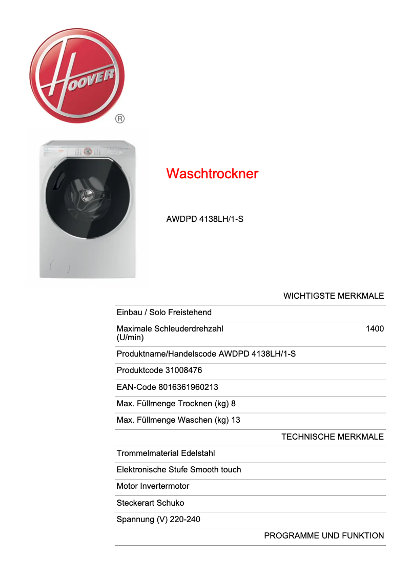 Page 1 de la notice Fiche technique Hoover AWDPD 4138LH/1-S