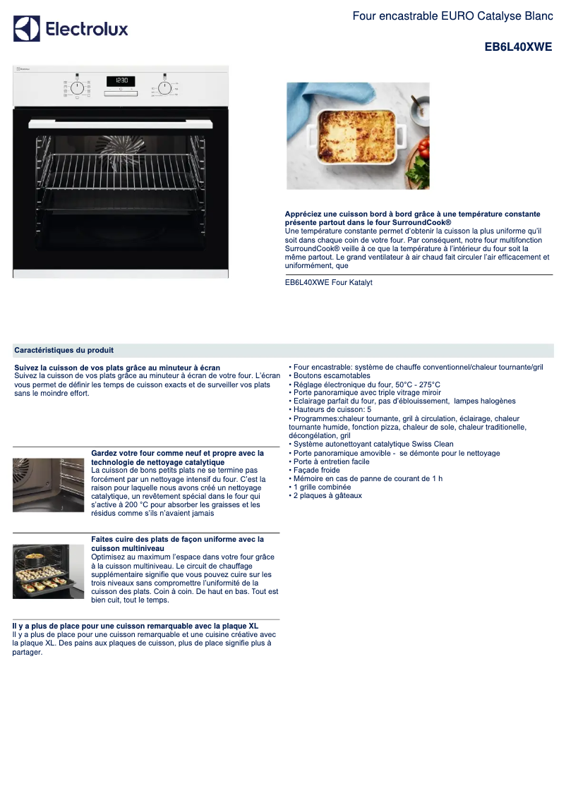 Page 1 de la notice Fiche technique Electrolux EB6L40XWE