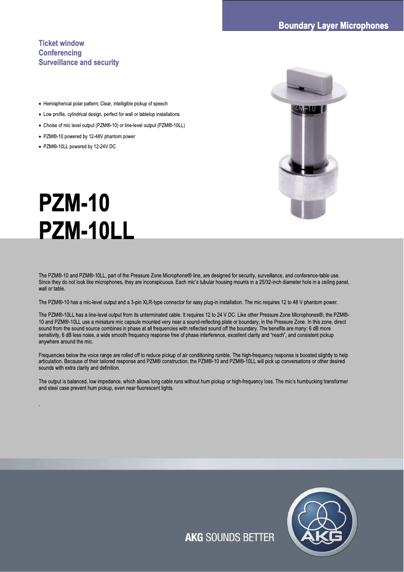 Page n°1 - Fiche technique AKG PZM10 LL