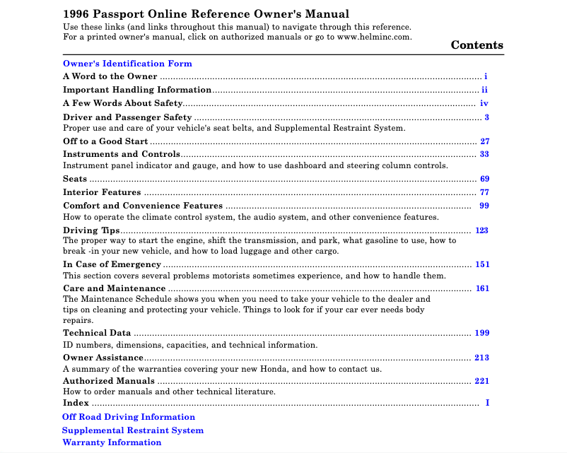 Page 1 de la notice Manuel utilisateur Honda Passport (1996)