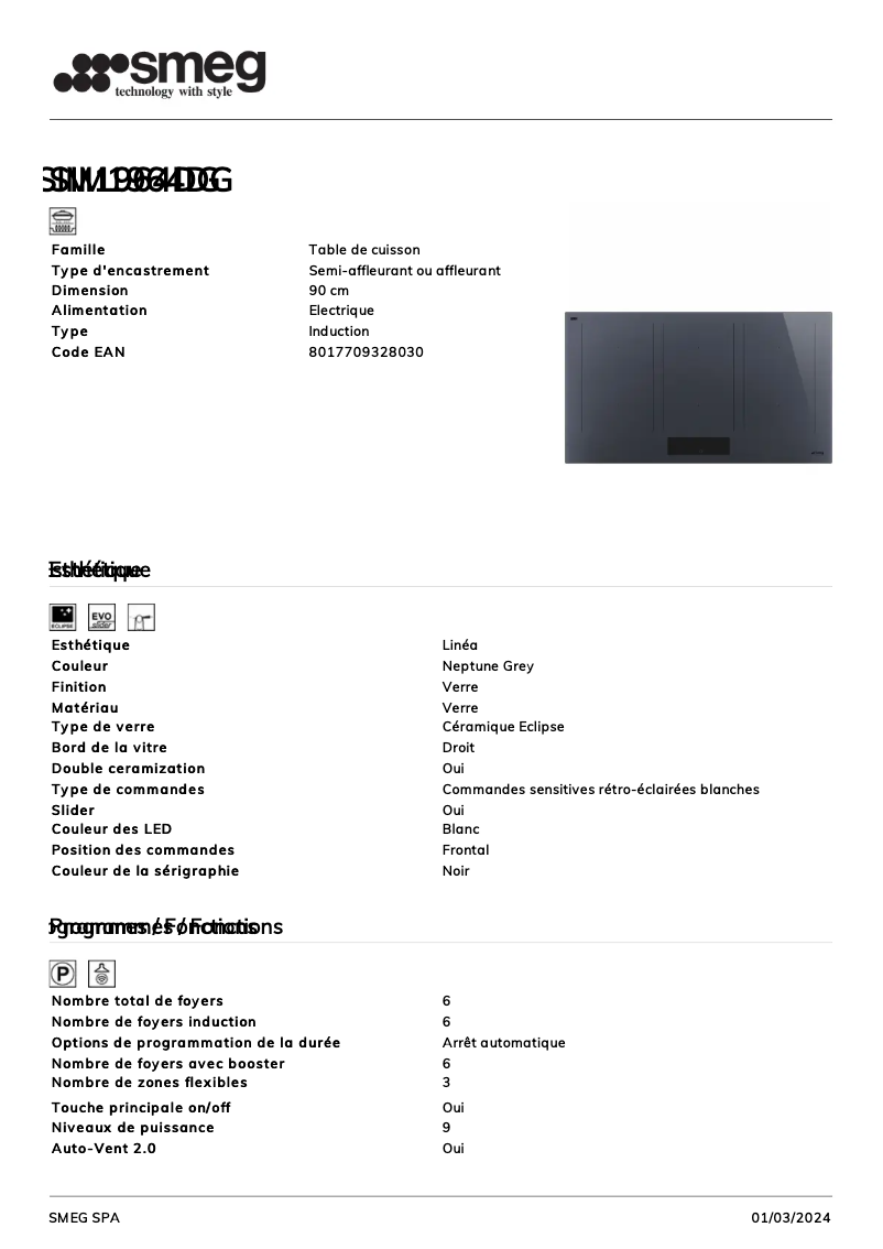 Page n°1 - Fiche technique Smeg SIM1964DG
