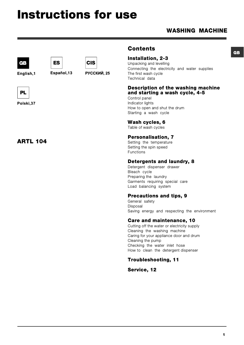 Page n°1 - Manuel utilisateur Hotpoint Ariston ARTL 104 (EU)
