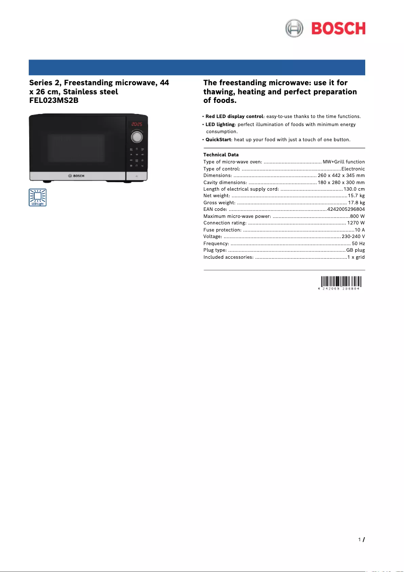 Page 1 de la notice Fiche technique Bosch FEL023MS2B