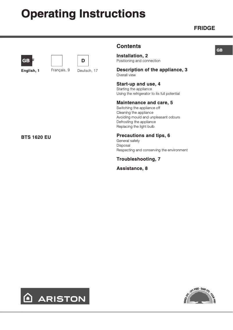 Page 1 de la notice Manuel utilisateur Hotpoint Ariston BTS 1620 EU