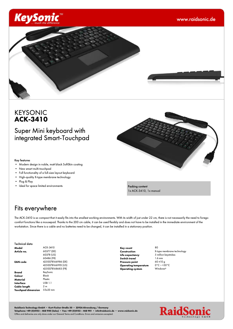 Page 1 de la notice Fiche technique KeySonic ACK-3410