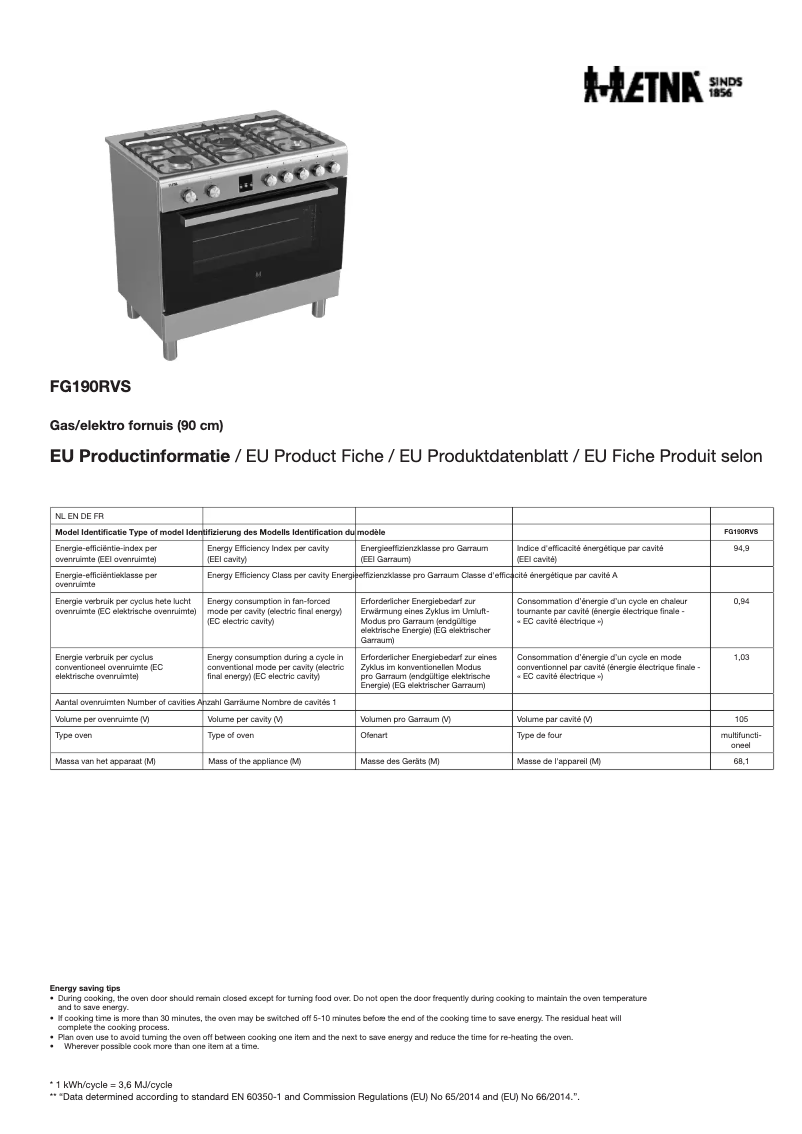 Page 1 de la notice Fiche technique Etna FG190RVS
