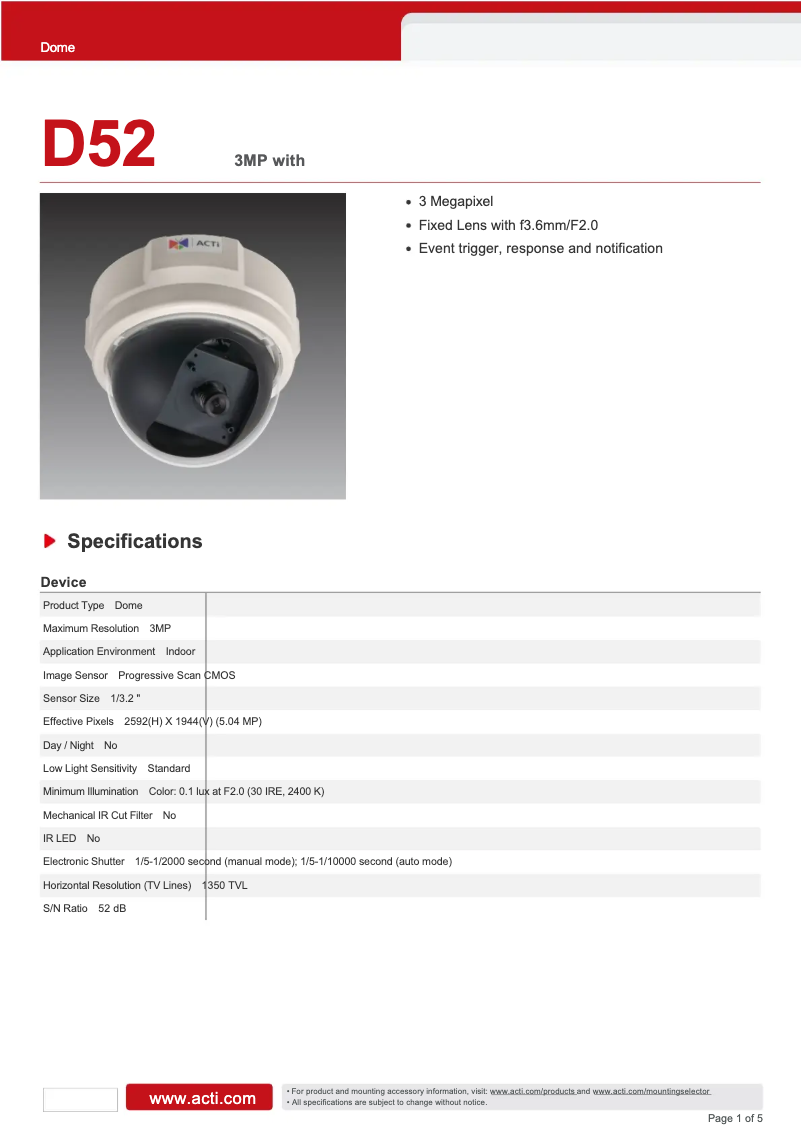 Page 1 de la notice Fiche technique ACTi D52