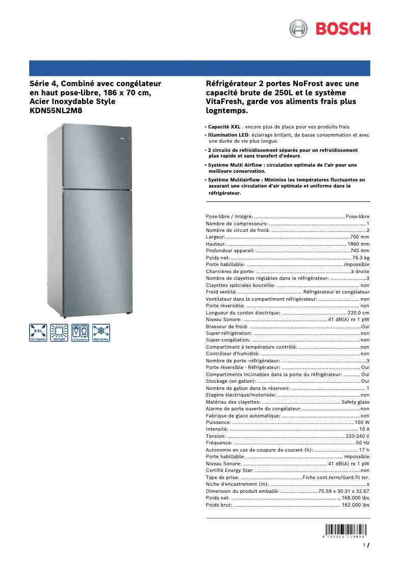 Página 1 del manual Ficha técnica Bosch KDN55NL2M8