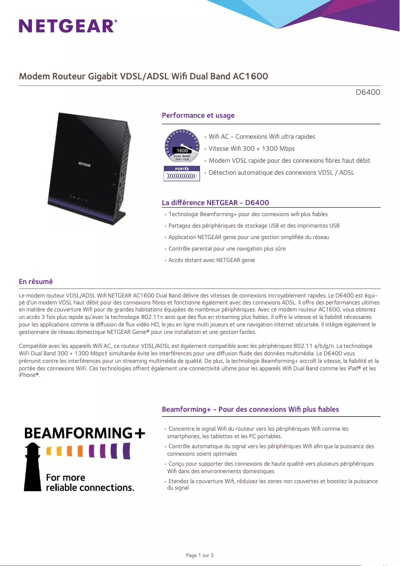 Page 1 de la notice Fiche technique Netgear D6400