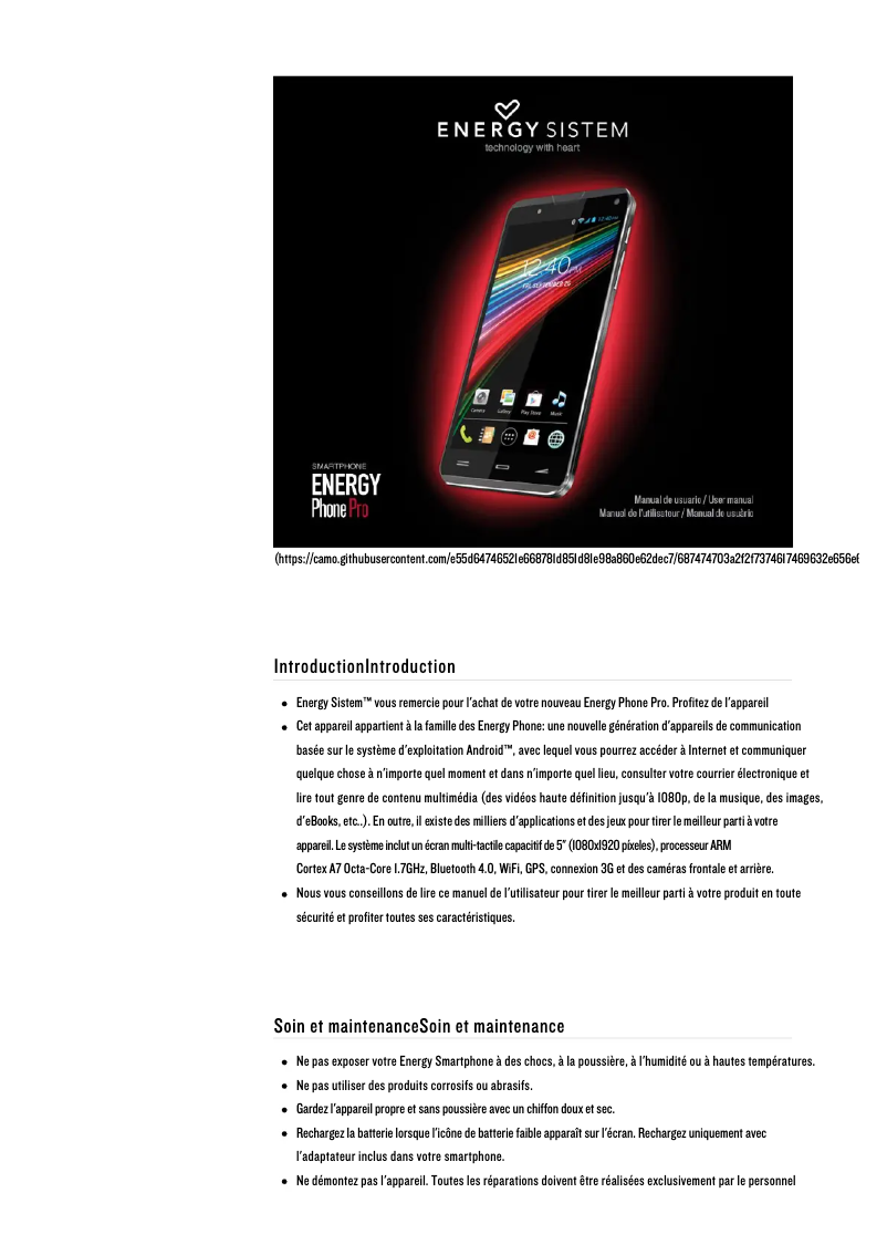 Page 1 de la notice Manuel utilisateur Energy Sistem Energy Phone Pro