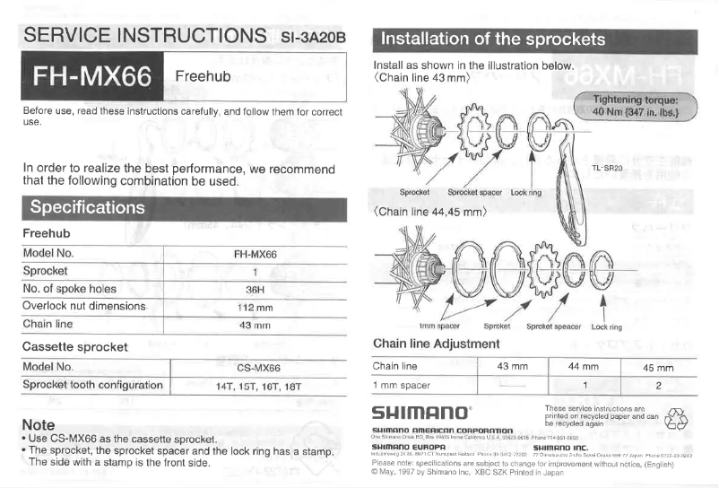 Page 1 de la notice Manuel utilisateur Shimano CS-MX66