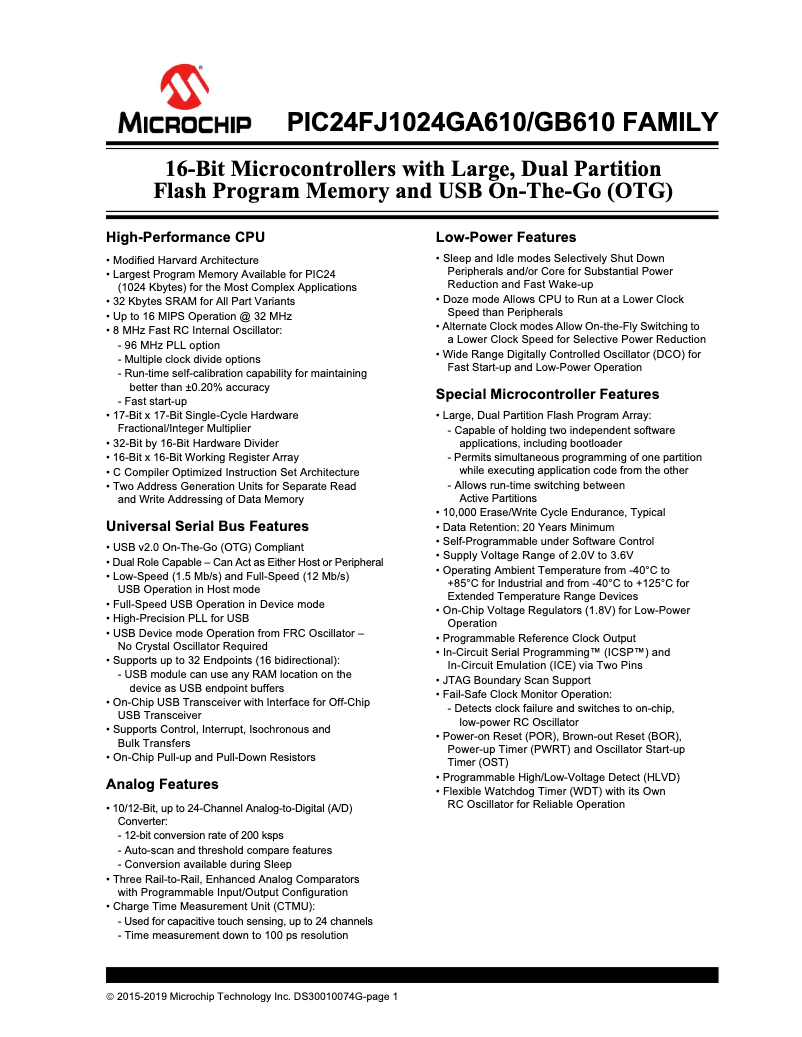 Página 1 del manual Ficha técnica Microchip PIC24FJ128GA606