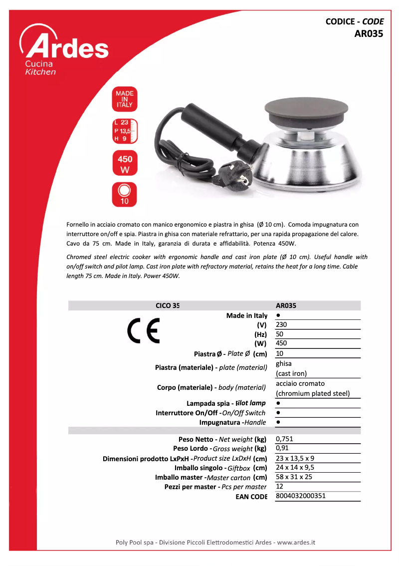 Page 1 de la notice Fiche technique Ardes AR035