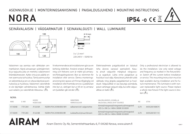 Page 1 de la notice Manuel utilisateur Airam Nora