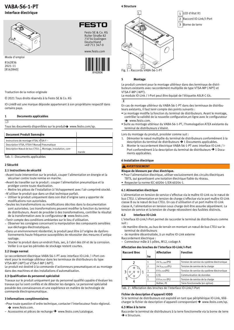 Page 1 de la notice Manuel utilisateur Festo VABA-S6-1-PT