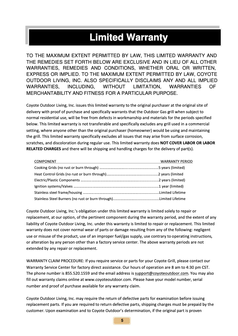 Page 1 de la notice Informations de garantie Coyote C1S36NG