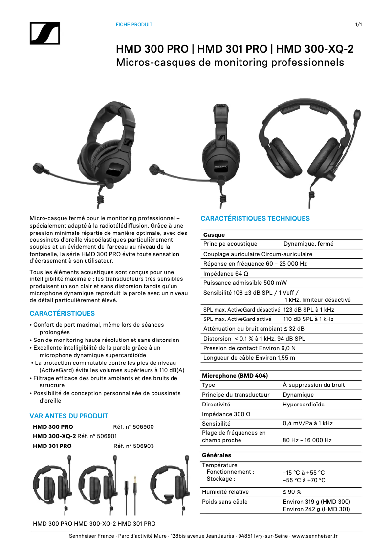 Page n°1 - Fiche technique Sennheiser HMD 301 PRO