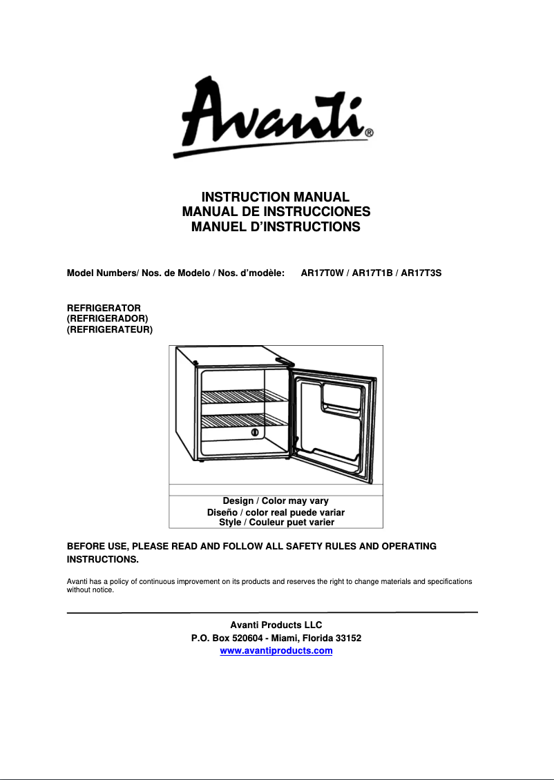 Page 1 de la notice Manuel utilisateur Avanti AR17T0W