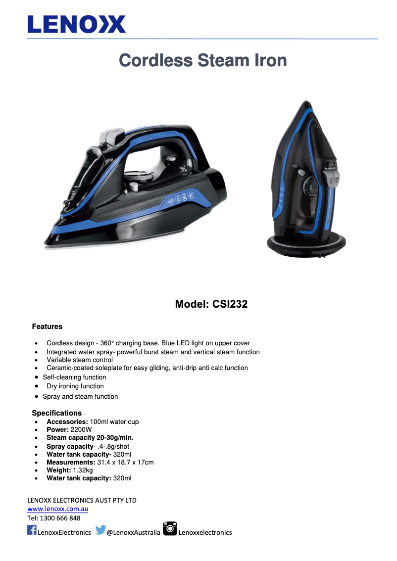 Page 1 de la notice Fiche technique Lenoxx CSI232