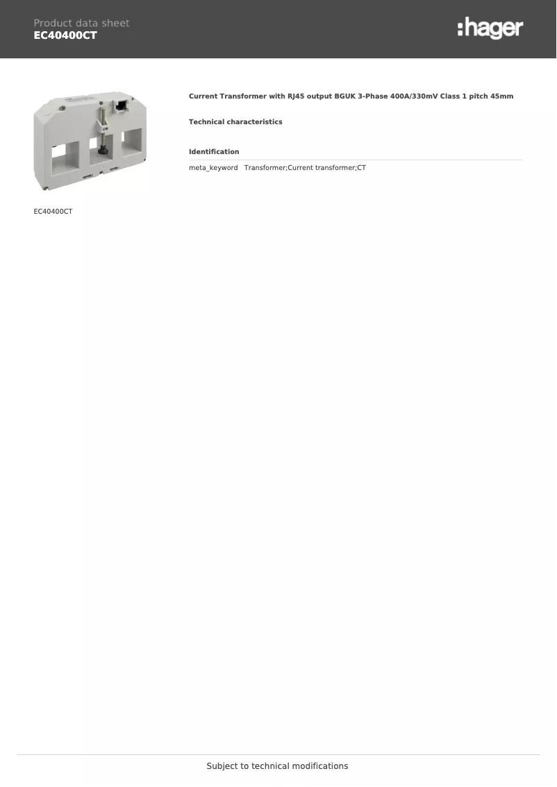 Page n°1 - Fiche technique Hager EC40400CT