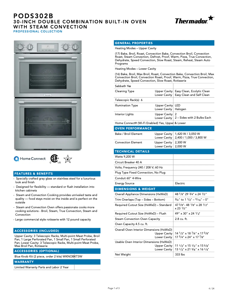 Page n°1 - Fiche technique Thermador PODS302B