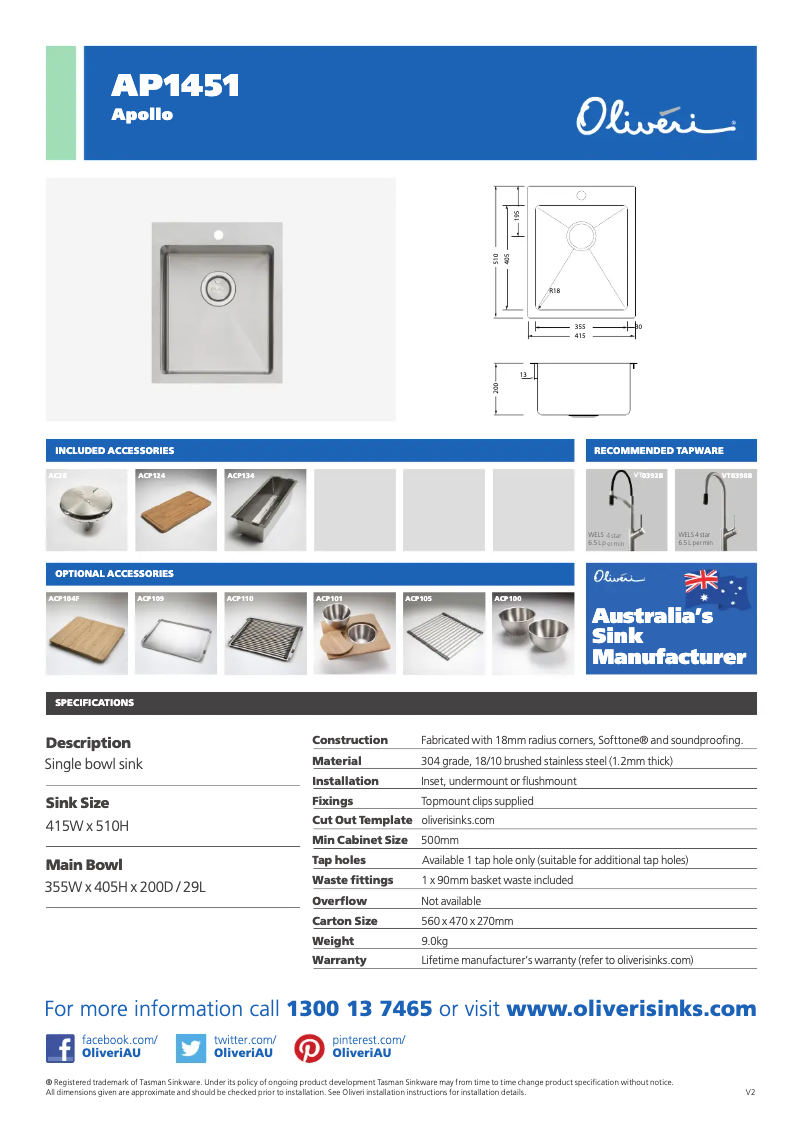 Page 1 de la notice Fiche technique Oliveri AP1451