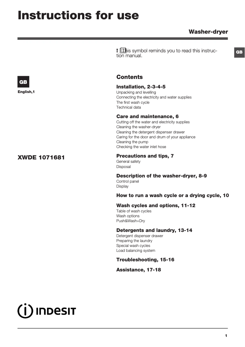 Image de la première page du manuel de l'appareil XWDE 1071681X W UK