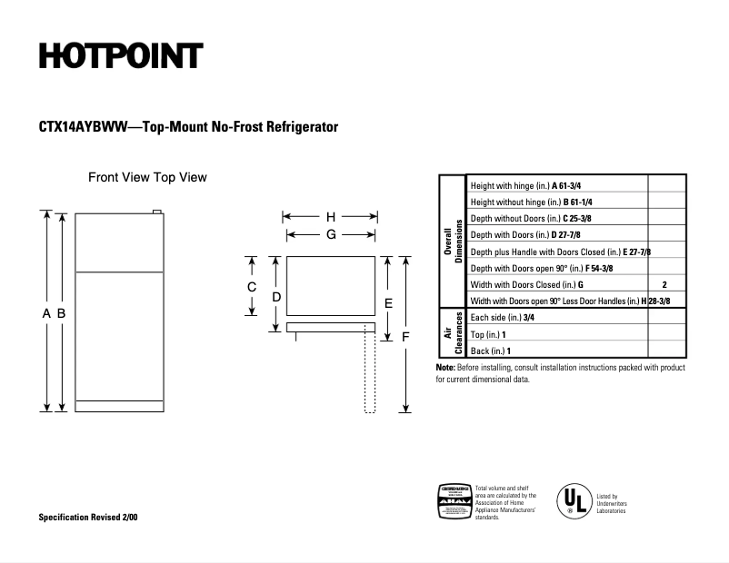 Page n°1 - Fiche technique Hotpoint CTX14AYBRWW
