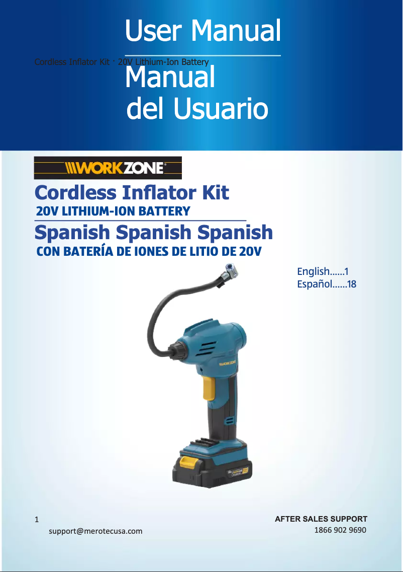 Page n°1 - Manuel utilisateur Workzone 20V Li-Ion Cordless Power Inflator PT160601