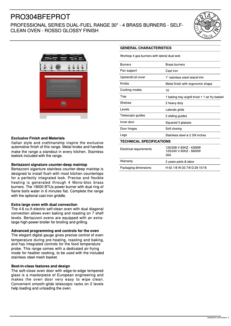 Página 1 del manual Ficha técnica Bertazzoni PRO304BFEPROT