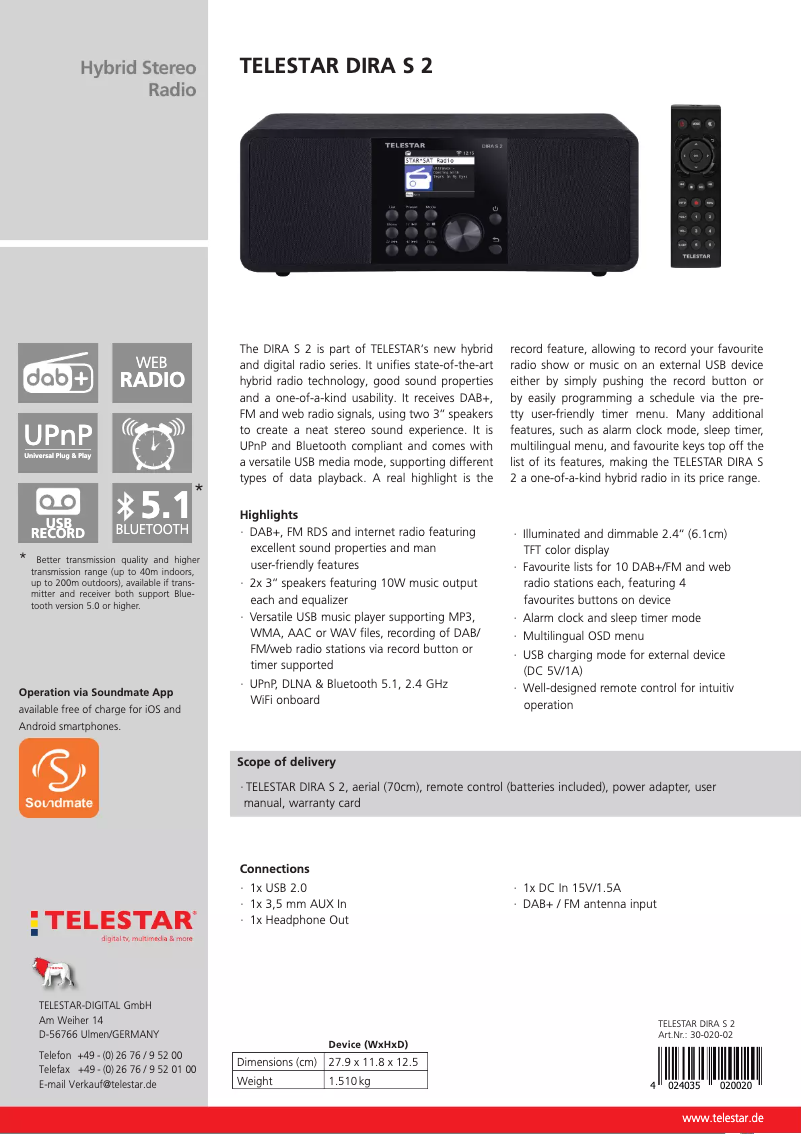 Page 1 de la notice Fiche technique Telestar DIRA S 2