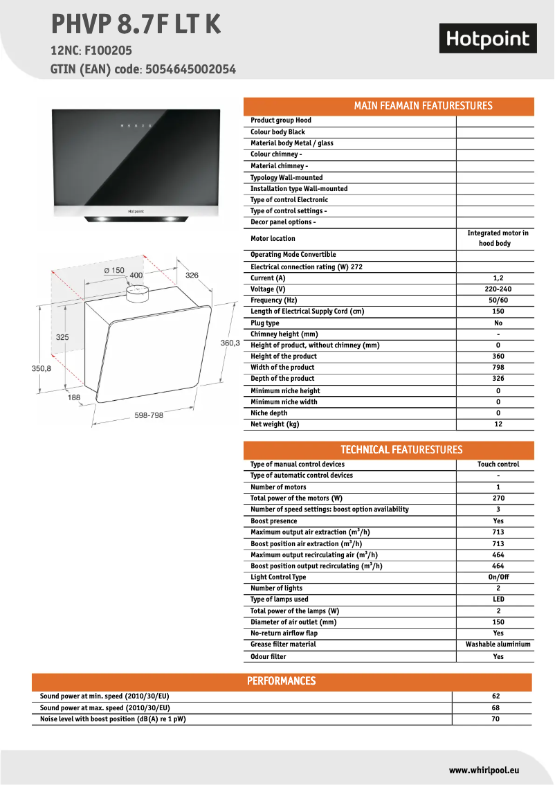 Page n°1 - Fiche technique Hotpoint PHVP 8.7F LT K