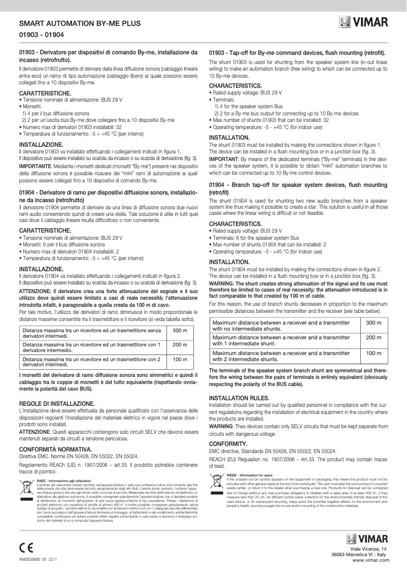 Page 1 de la notice Manuel utilisateur Vimar 01904