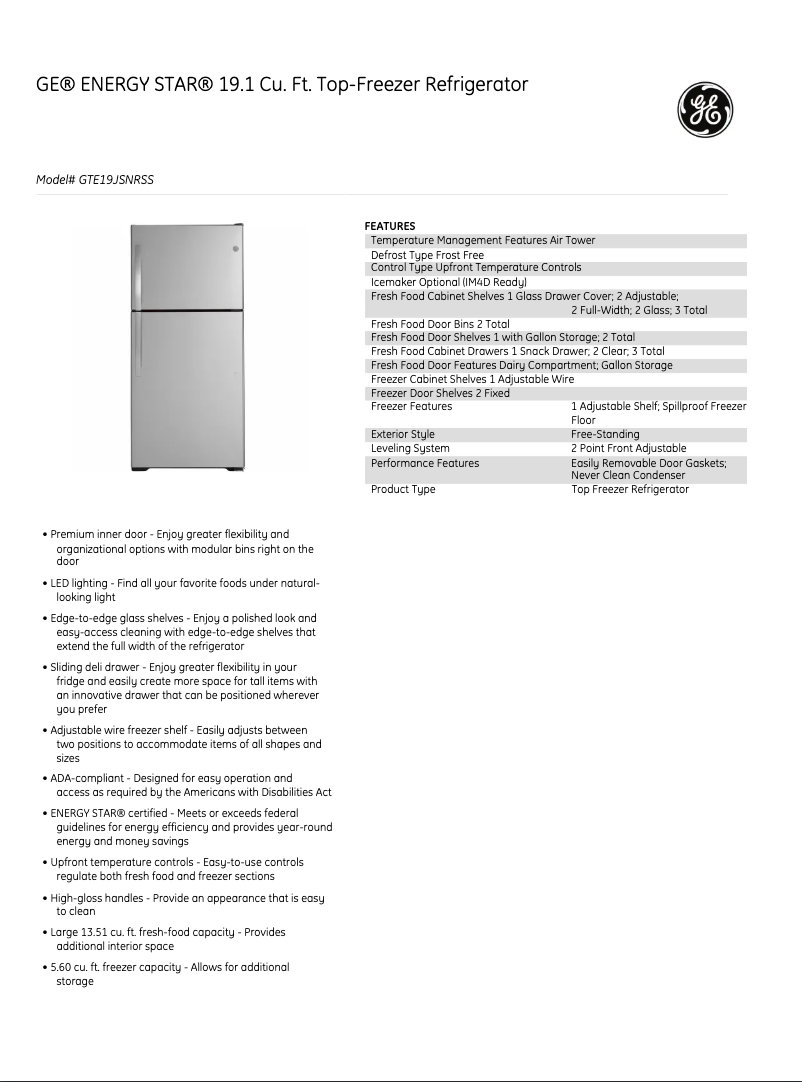 Page 1 de la notice Fiche technique GE GTE19JSNRSS