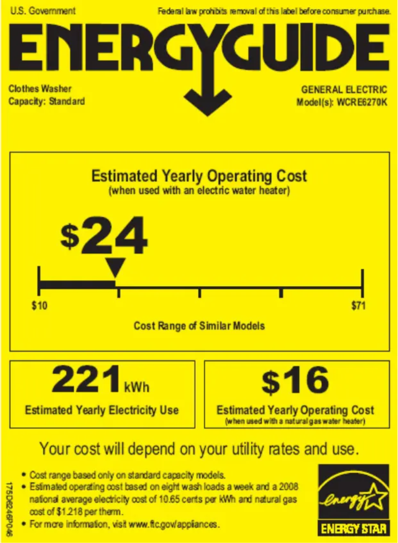 Page 1 de la notice Label énergétique GE WCRE6270KWW