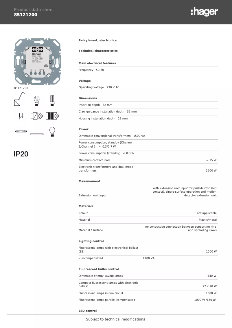 Página 1 del manual Ficha técnica Hager 85121200